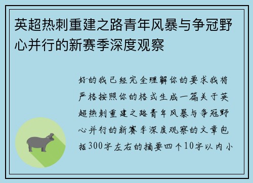 英超热刺重建之路青年风暴与争冠野心并行的新赛季深度观察